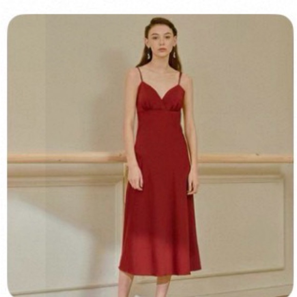 Women's Crimson Slip Midi Dress with Spaghetti Straps